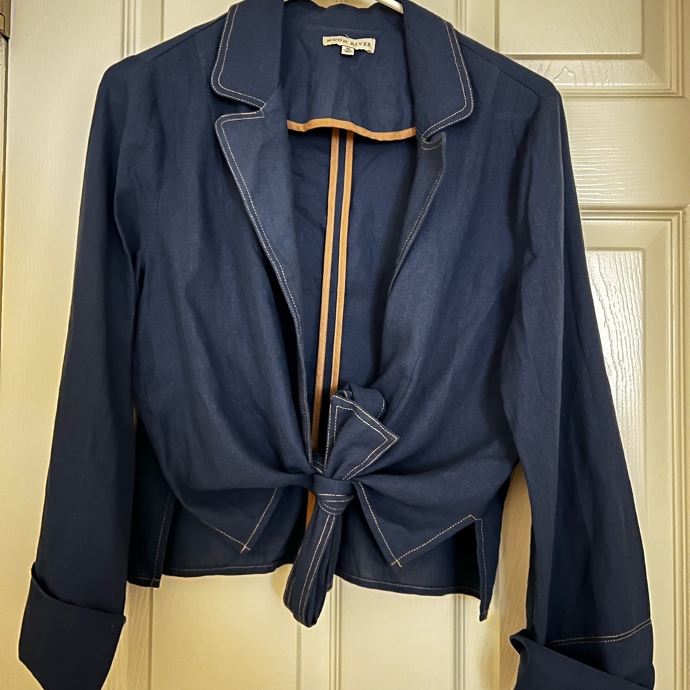 Moon River denim top stitch wrap top long sleeve